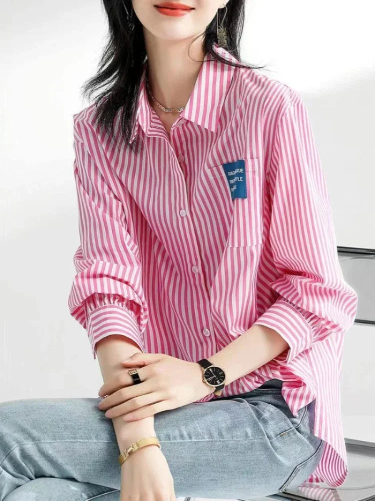 Button Up Female Tops Crop Striped Women's Shirt And Blouse Vintage Xxl Premium Promotion Fashion 2025 Elegant Youth Offer